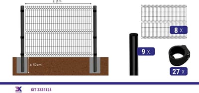 KIT 39 draadpaneel + palen en klemmen, lengte 16m, hoogte 153cm, kleur zwart RAL 9005