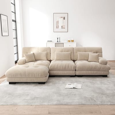 Pugsdrly Luxe modulaire hoekbank - Oversized Cloud-bank in L-vorm voor woonkamer, diepe slaapbank met poef, corduroy, lichtbruine chenille