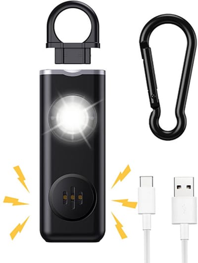Persoonlijk alarm zelfverdediging - Zelfverdedigingsalarm voor vrouwen - Oplaadbare alarmsleutelhanger - Noodalarm - met LED-stroboscoop - 130 dB - Noodzelfverdedigingsalarm voor vrouwen, meisjes en senioren - Zwart