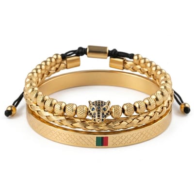 Set van 3 goudkleurige heren armbanden – kralenarmband met panterkop, gevlochten armband en metalen bangle met kleuraccent
