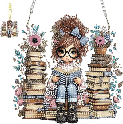 Meisje dat boeken leest hangende diamantkunst en sleutelhangers, speciaal gevormde diamantverf wanddecoratie met ketting, dubbelzijdige ornamenten voor raam en deur