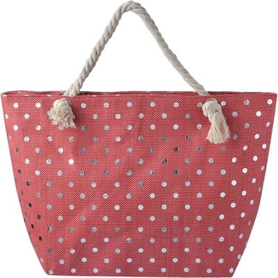 Een vrolijke strandtas met aan beide kanten een rode, zilvergrijze weefstructuur. De zilvergrijze stippen maken deze tas helemaal af. (56x37cm) Gevoerd, afsluitbaar met rits, met twee handvaten van gedraaid touw. Voor uzelf of als Cadeau.