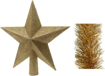 Kerstversiering kunststof glitter ster piek 19 cm en folieslingers pakket goud van 3x stuks - Kerstboomversiering