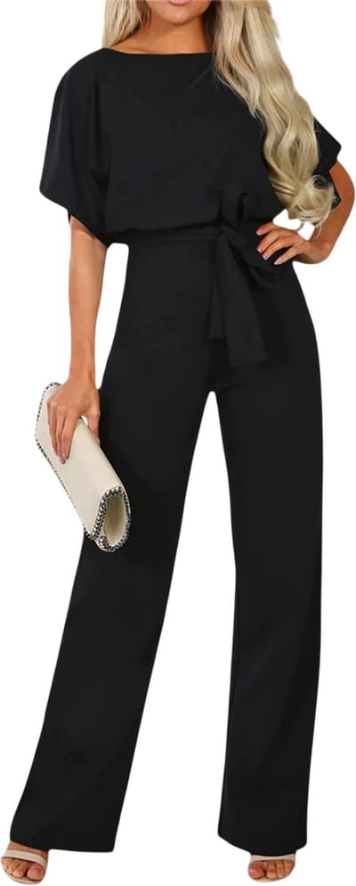 Effen Dames Jumpsuit – Zomerse Elegante Overall met Wijde Pijpen, Korte Mouwen en Tailleriem, Comfortabele en Stijlvolle Gelegenheidsjumpsuit - Zwart - Maat S