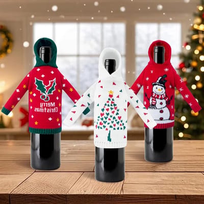 Kerstfleshoes set van 3, stijlvolle flessenverpakking voor kerstdecoratie, tafeldecoratie en feestelijke diners