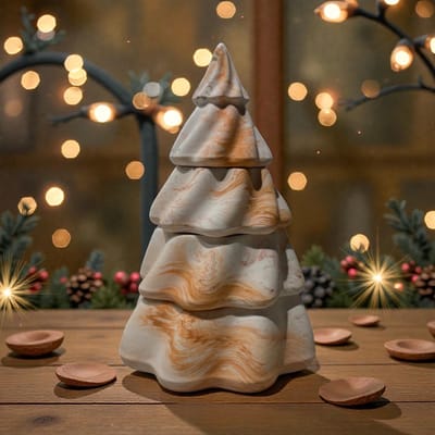 BAM Kerstboomkaars – 4-delige Set met 3 Geurkaarsen en Top – Sandalwood – Bruin-Oranje Gemarmerd – 18 cm - CHRISTMAS Collection