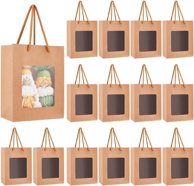 Set van 36 Papieren Cadeautassen met Transparante Venster, 14 x 18 x 7 cm, Ideaal voor Kerst, Verjaardagen en Bruiloften