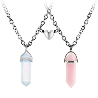 Bixorp Friends Koppel Ketting voor 2 met Magnetisch Hartje & Kristallen Roze/Blauw - Zilverkleurig - Vriendschap Cadeau