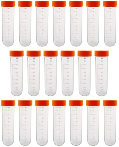 Set van 20 Plastic Proefbuizen met Schroefdoppen voor Laboratorium Experimenten, Geschikt voor Centrifuge, Oranje, Ronde Bodem