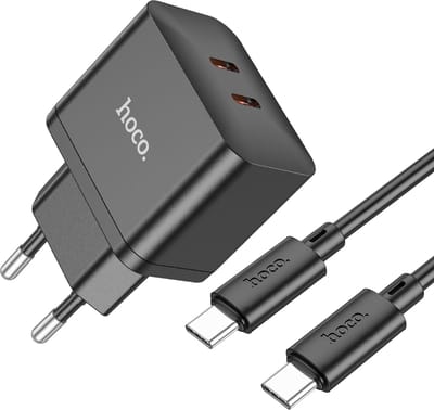 Hoco 35W Snel Oplader met Kabel - Zwart - Dual USB C Poort 35W Super Snellader met 1 Meter Type-C Kabel - Ideaal voor Reizen