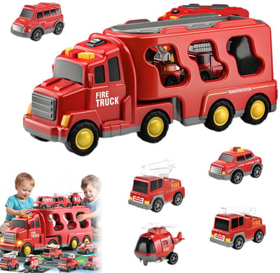 7-in-1 Brandweerwagen Serie – Met Licht- en Geluidseffecten – 1 Transportwagen en 6 Andere Voertuigen – Transportwagen – Containerwagen – Kinderspeelgoed – Brandweerwagen Serie - Speelgoed Auto