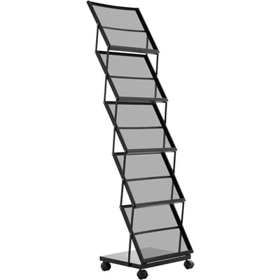 Porte-brochures, Présentoir pliable à 5 poches pour magazines et littérature, Présentoir à journaux sur pied mobile avec roulettes, Catalogue de journaux en métal