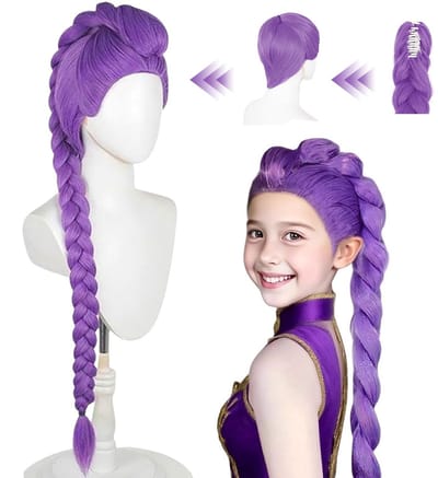 Ynkkvre - Hairextensions - Nephaar - Gevlochten haar - 1 stuk - Lang lila kinderkapsel - Hittebestendig tot 180°C - Tweedelig ontwerp (pruik + clip) - Voor anime, carnaval en Halloween