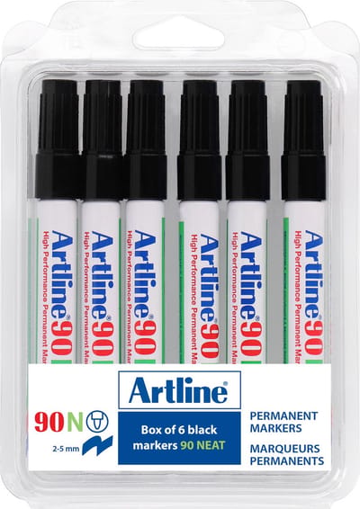 Artline 90 Permanent Marker - Set 6 Stuks - Schuine Punt 2,0-5,0mm - Watervast & Wrijfvast - Hervulbaar - Zwart