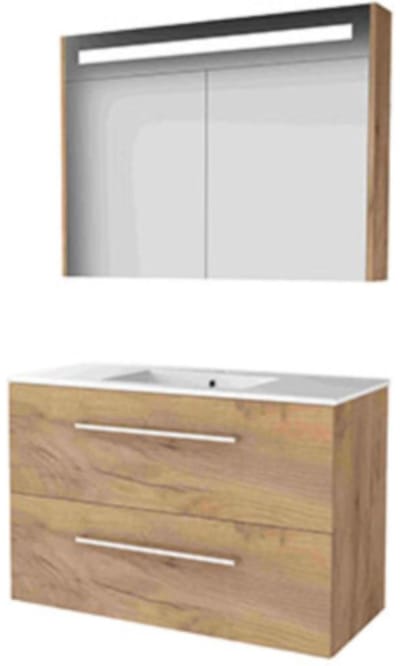 Basic-Line Premium 46 Badkamermeubelset - 100 x 46 cm - Met Grepen - 2 Lades - Keramische Wastafel - 1 Kraangat - Spiegelkast met LED Verlichting - Whisky Oak