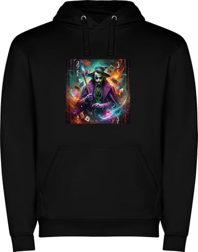 Zwarte unisex hoodie met “ Kleurrijke De Joker Speelkaart – Harten – Schoppen – Klaver – Ruit “ Print Full Color Color merk Roly maat S
