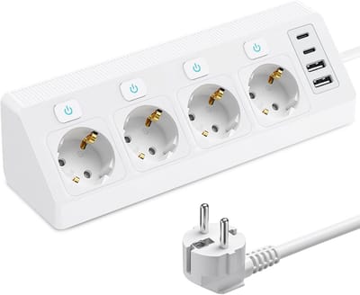 Hoekstopcontact met 4 Stopcontacten, 2 USB en 2 Type-C Poorten | 2m Kabel & Schakelaars