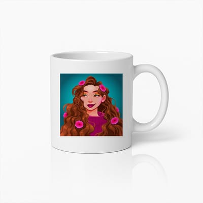 Mooie Vrouw met Bloemen Beker – Artistiek Portretontwerp – Uniek Cadeau voor Vrouwen, Kunstliefhebbers & Koffiefans – Keramische Mok