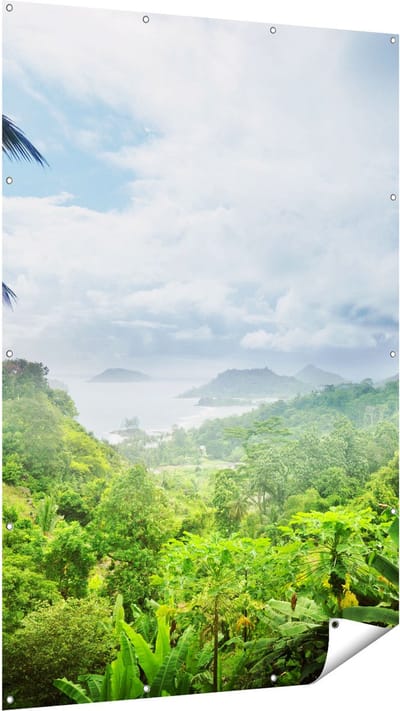 Gards Tuinposter Jungle Uitzicht op de Seychellen - 120x180 cm - Tuindoek - Tuindecoratie - Wanddecoratie buiten - Tuinschilderij
