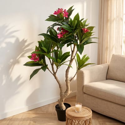 Cheqo® Kunstplant Frangipani - Plumeria - Kunstboom - Kunst Bloesemboom - Nepplant - Roze Bloemen - Kunstbloemen - voor Binnen - Decoratie Woonkamer - Tropische Plant - Grote Kunstplant - Kunstplant in Pot - Bloeiende Kunstplant - Nep Plant