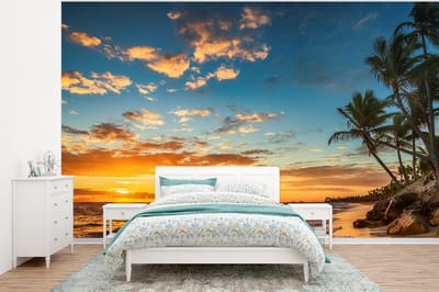 Behang - Fotobehang Strand - Zonsondergang - Zee - Palmboom - Breedte 375 cm x hoogte 280 cm