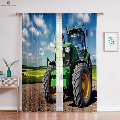 Rideaux de fenêtre avec impression réaliste, Tracteur imprimé en 3D, Décoration de chambre à coucher, salon, bureau, Décoration intérieure, W70xH100(CM)x2PCS&Rod pocket