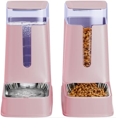 Dispenser en kat waterdispenser set met roestvrijstalen kommen zwaartekracht hondenvoeder voor kleine middelgrote grote kat hond huisdier puppy kitten 1 gallon x 2