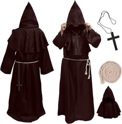 Halloween Kostuum voor Mannen - Monnik Gewaad Set met Kap, Kruis en Monnikshoed voor Feest, Verkleedpartij en Rolspel