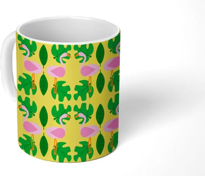 Mok - Koffiemok - Flamingo - Planten - Dieren - Patroon - Mokken - 350 ML - Beker - Koffiemokken - Theemok