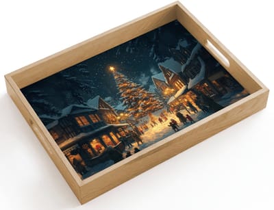 Dienblad hout 40x30 cm - Schootdienblad - Kerstfeest - Dorp - Donker - Borrelplank rechthoek - Plateau dienbladen