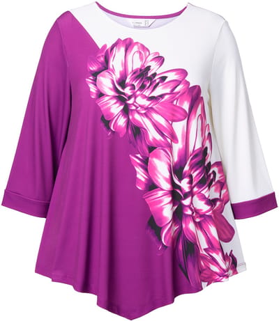 MIAMODA - Dames - T-shirt bloemprint 3/4-mouw puntzoom - Bes - Maat 42