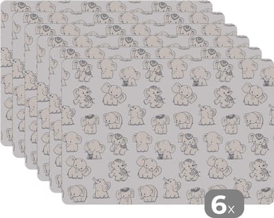 Placemat - Placemats kunststof - Olifant - Patroon - Baby - 45x30 cm - 6 stuks - Hittebestendig - Anti-Slip - Onderlegger - Afneembaar