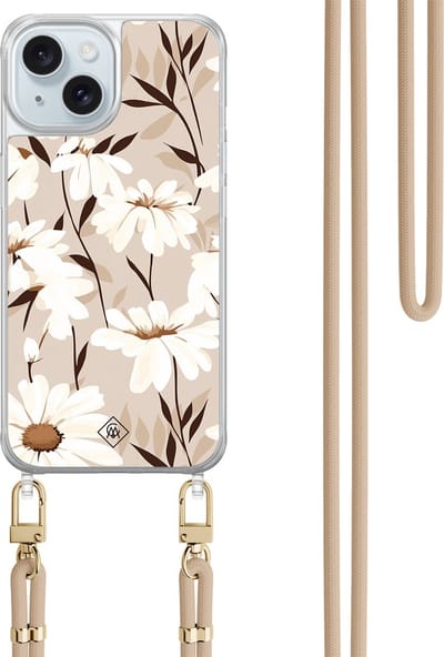 Casimoda® hoesje met beige koord - Geschikt voor iPhone 15 - In Bloom - Afneembaar koord - TPU/acryl - Bruin/beige