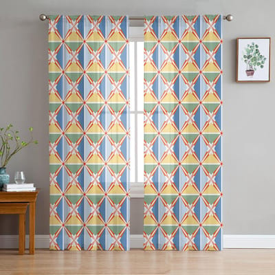 Ruit Geometrisch Weefsel Voile Transparante Gordijnen Voor Woonkamerraam Chiffon Tule Gordijn Keuken Slaapkamer Drapes Huisdecoratie 135W x 114H(cm)