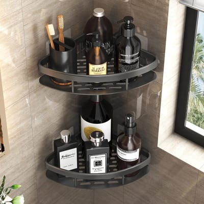 Thijox - 2 Stuks Doucheplank zonder Boren - Zwart Hoekrek, Driehoek Douchemand, Badkamerrek voor Douche, Keuken & Toilet