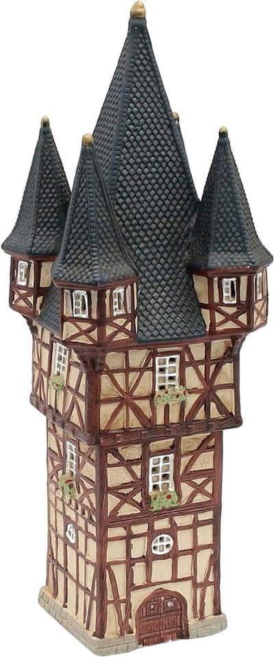 Windlicht huis - Decoratie huisje - Sfeervol decoreren - Met de hand beschilderd - 12x12x33 cm - Bruin