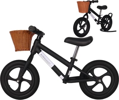 Born Lucky® Loopfiets Met Fietsmand– Vanaf 2 jaar – 12 inch massieve banden - Verstelbaar Zadel & Stuur – Zwart