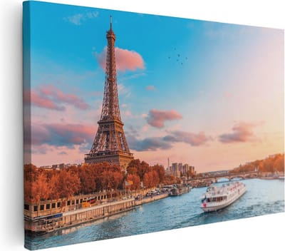 Artaza Canvas Schilderij Parijs - 30x20 cm - Klein - Wanddecoratie Eiffeltoren - Muurdecoratie Boot - Kamer Accessoires Frankrijk