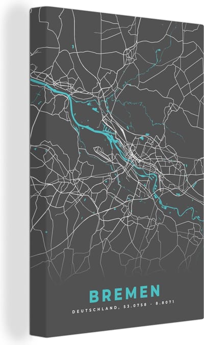 Canvas Schilderij Duitsland – Blauw – Bremen – Stadskaart – Kaart – Plattegrond - 20x30 cm - Wanddecoratie