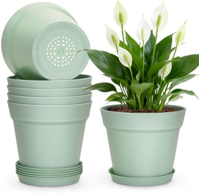 6 stuks plastic plantenpotten binnen en buiten, 15,3 cm saliegroene plantenpotten moderne bloempot voor kantoor, bureau, kamerplanten met drainagegaten en trays