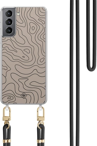 Casimoda® hoesje met zwart koord - Geschikt voor Samsung S21 Plus - Abstract Lines - Afneembaar koord - TPU/polycarbonaat - Bruin/beige