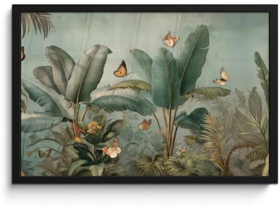 Poster in lijst - Fotolijst 60x40 cm - Posters - Tropisch bladerdek - Vlinders - groen - Bruin - Posterlijst zwart - Decoratie - Wanddecoratie woonkamer - Muurdecoratie slaapkamer