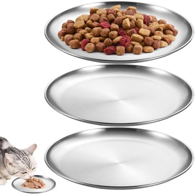 Dailygoods - 3 stuks 14 cm kattenbak, plat roestvrij staal, voederschaal kat voor katten met brede snorharen, kattenbord, voederbak, platte kattenbakken, valbestendig voor kleine honden, katten