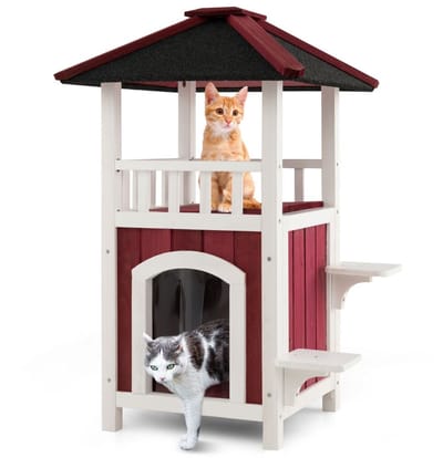 Kattenhuis - Voor buiten - Hok - Kooi - Bench - Ren - 2 verdiepingen - duurzaam - 58L x 50B x 87H cm - Rood + Wit