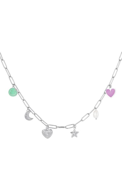 Geschakelde dames ketting zilverkleurig - Met zes bedels - Roestvrij staal - Waterbestendig - 39 cm