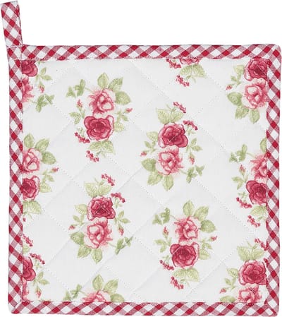 Clayre & Eef Pannenlap 20x20 cm Rood Wit Katoen Vierkant Rozen Afgiet Pannenlap Afgiethulp Pannenlap
