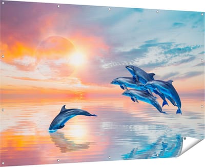 Gards Tuinposter Groep Dolfijnen Springen uit het Water - 180x120 cm - Tuindoek - Tuindecoratie - Wanddecoratie buiten - Tuinschilderij