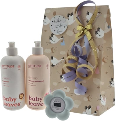 Attitude Baby Cadeauset – Body Leaves Verzorgingsset met Shampoo, Body Lotion en Avent Badthermometer – Natuurlijke verzorging, feestelijk verpakt – Luxe Verzorgingsset | Wellness Giftbox | Verwen Cadeaupakket voor Baby's