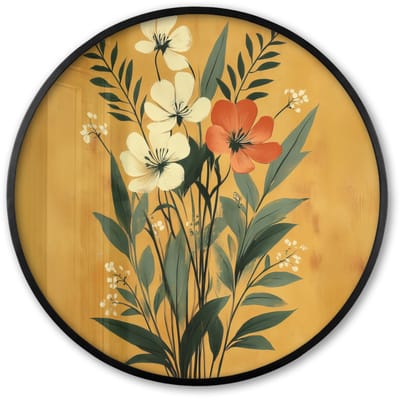 Poster in lijst Rond - Fotolijst 60x60 cm - Posters - Bladeren - Boeket - Bloemen - Geel - Ronde posterlijst zwart - Decoratie - Wanddecoratie woonkamer - Muurdecoratie slaapkamer