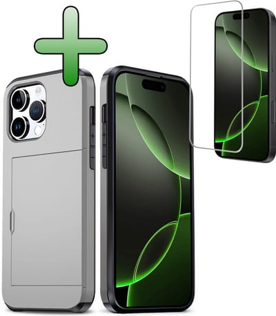 Hoes Geschikt voor iPhone 16 Pro Hoesje Hard Case Met Pas Houder Met Screenprotector - Hoesje Geschikt voor iPhone 16 Pro Hoes Shockproof Hard Cover Met Kaarthouder - Grijs